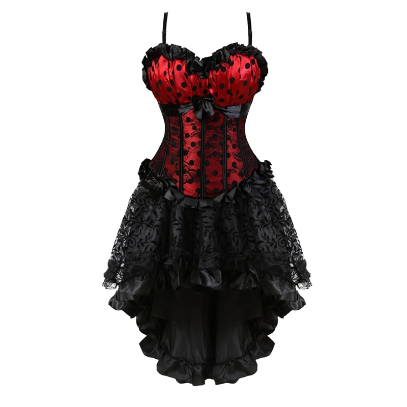 

Women Corset Top With Straps Bowknot Lace Corset Bustier Straps Shapewear Ruffled Polka Dot Dress corsets and bustiers Skirt Set