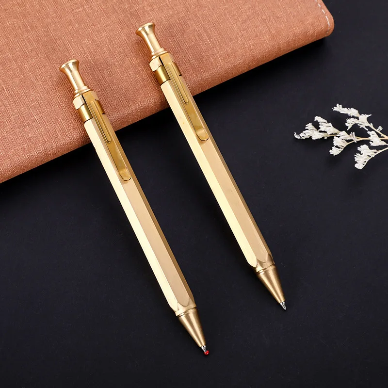 Retro Metal Neutral Pen Hexagonal Press with Pen Clip 0.5mm Brass Pen Suitable for Office Student Business Stationery