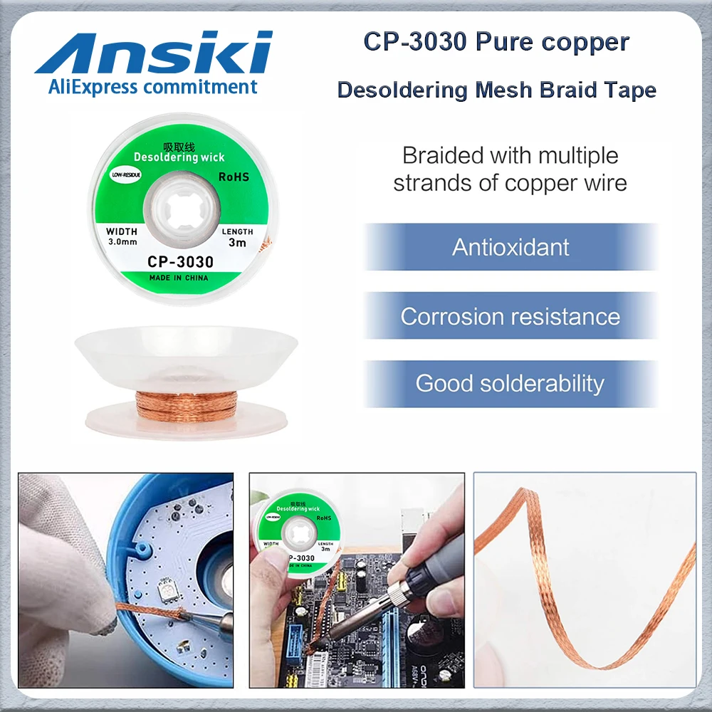 

Ansiki 3,0 мм фитиль для распайки, сетка для распайки из чистой меди, оплетка для удаления припоя, сварочная оловянная присоска, инструмент для пайки печатных плат