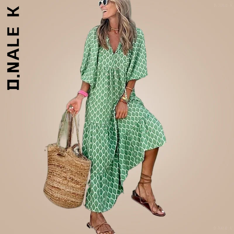 

D.Nale K Summer Splicing Half Sleeve Dress Puff Sleeve Long Dress Women Geometric Print Elegant V-Neck Loose Beach Dress