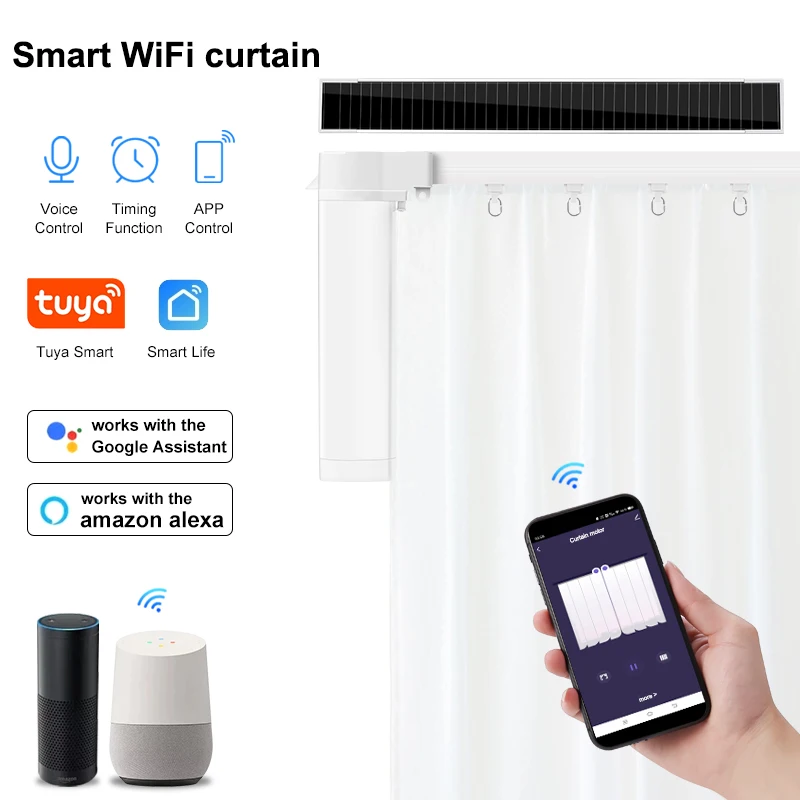 Фото Электрическая занавеска Zigbee для умного дома на солнечной энергии, поддержка Alexa Google Voice, удаленный двигатель, настройка, размер трека 4000 мА №1