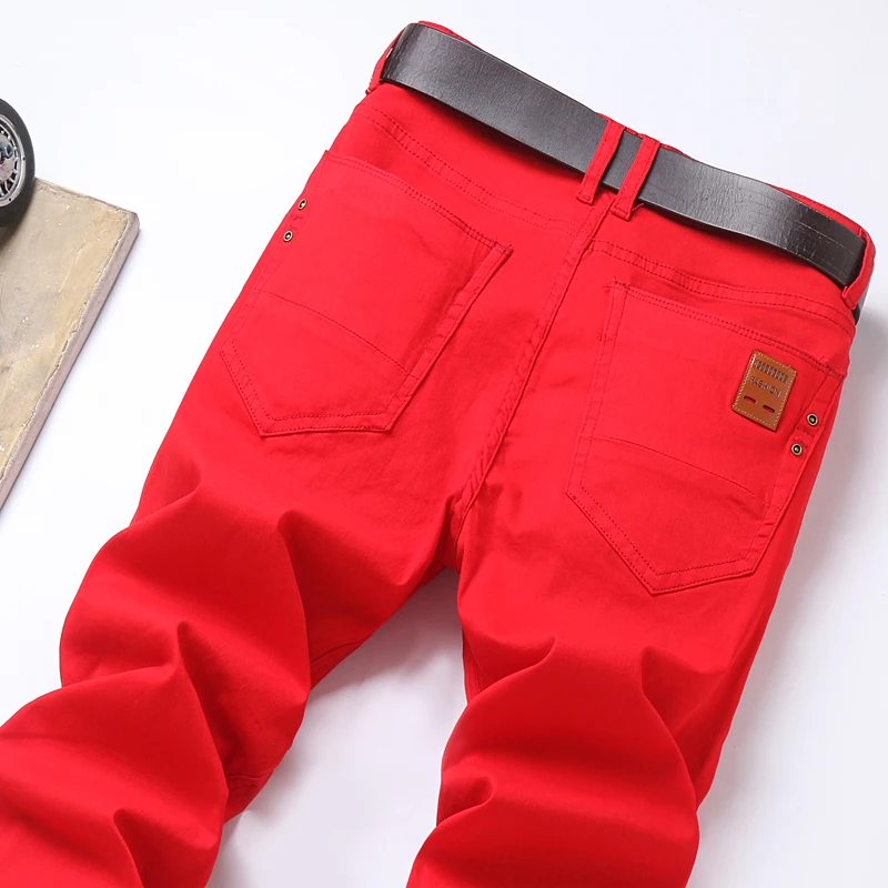 Trend Brand Jeans Business High Waist Stretch Straight Lake Blue Denim Trousers Male Red Yellow Casual Pants