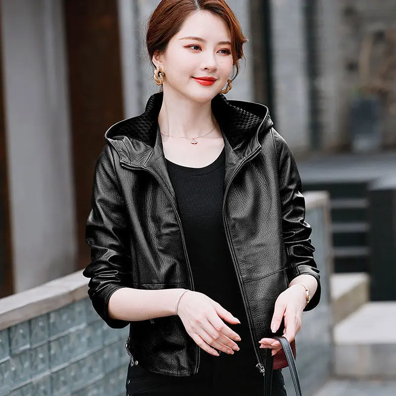 Ms. Fashion Leather jacket popular Korean version of the short women's sheepskin hoodie zip-up leather jumper punk leather jacke
