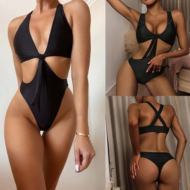 

Women Sexy Swimwear Black Solid Color Plunging Neckline Sleeveless Beach Bathing Suit Brazilian Bikinis