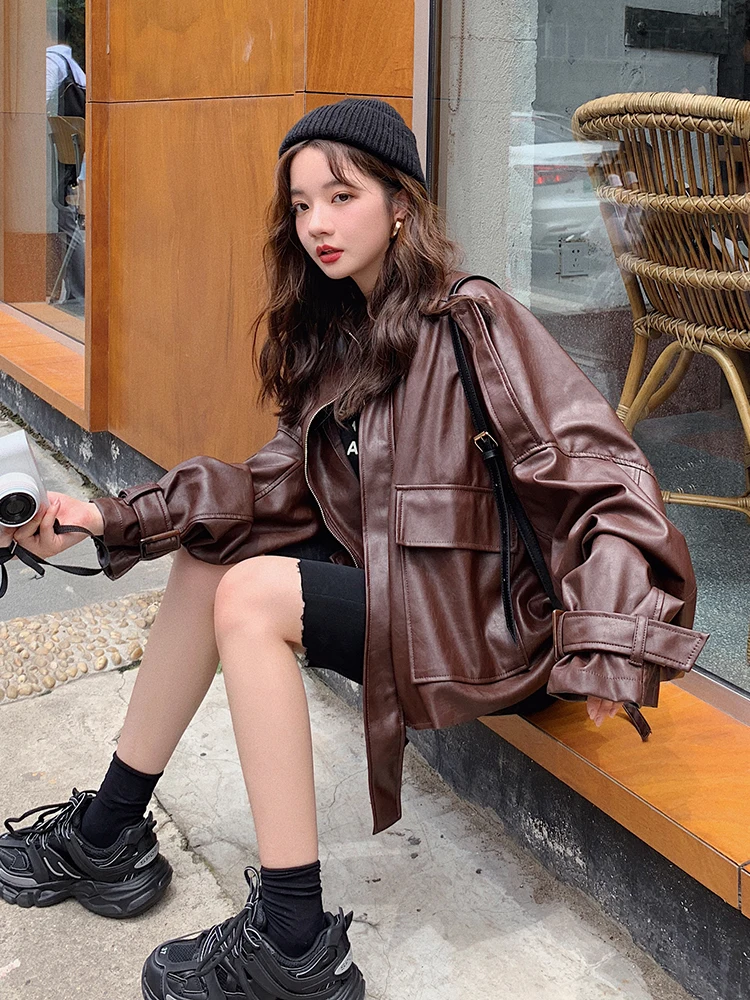 2022 New Spring Autumn Women Stand Collar Faux Leather Jackets Ladies Fashion Zipper Biker Coats Female Casual Outerwear D69