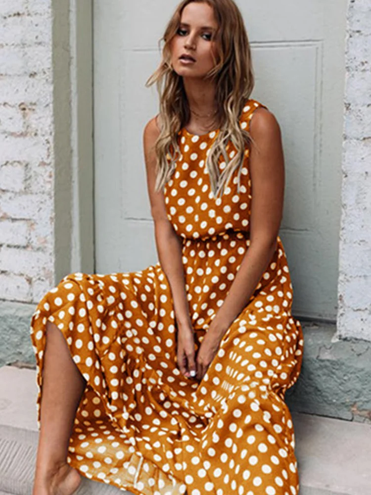 

Женское летнее платье-миди в горошек, без рукавов