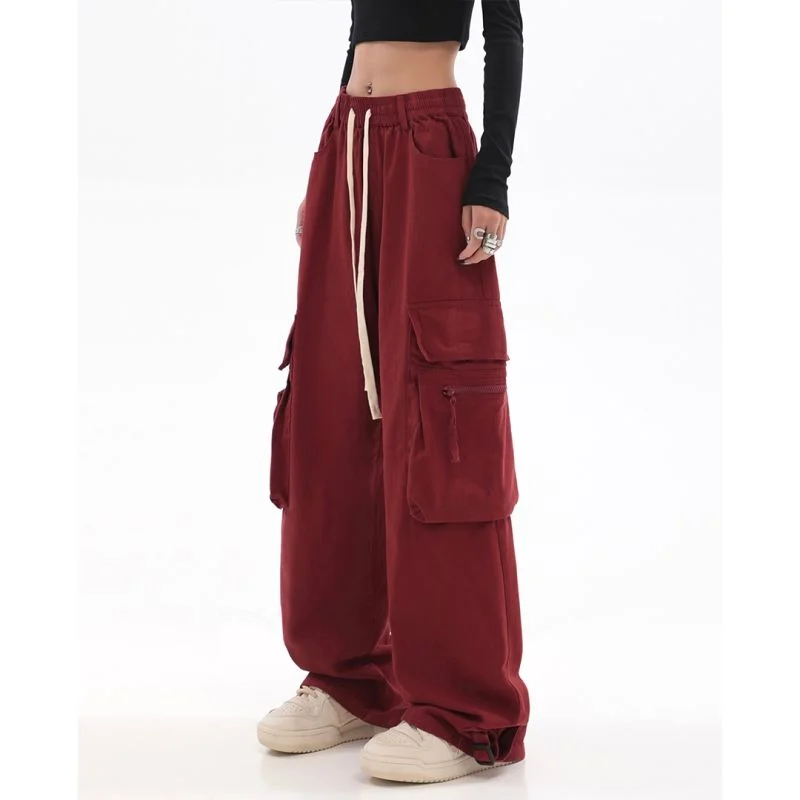

Женские широкие брюки-карго Y2K, винтажные красные мешковатые брюки с высокой талией, повседневные уличные брюки в стиле хип-хоп, корейская мода, 2023