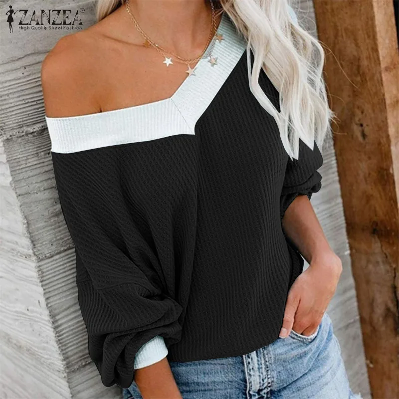 

ZANZEA Oversized Women Waffle Tops Tunic Fashion Long Sleeve Knitted Tees Casual Solid Loose Blusa 2022 V Neck Patchwork Chemise