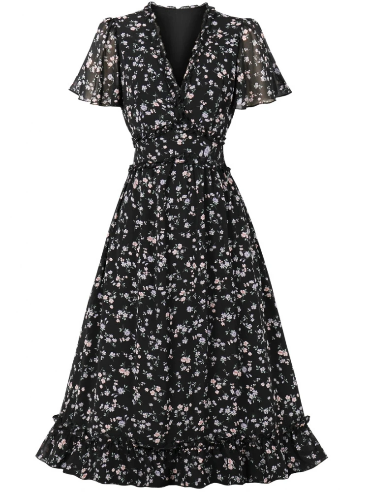 

Женское пляжное платье с оборками, Элегантное повседневное плиссированвечерние праздничное платье с цветочным принтом, офисное платье-тра...