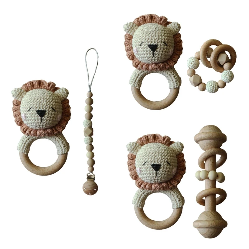 

Baby Pacifier Chain Clip Dummy Nipple Holder Wooden Bracelet Crochet Lion Rattle Hand Bell Teething Toy Soother Molar Infants