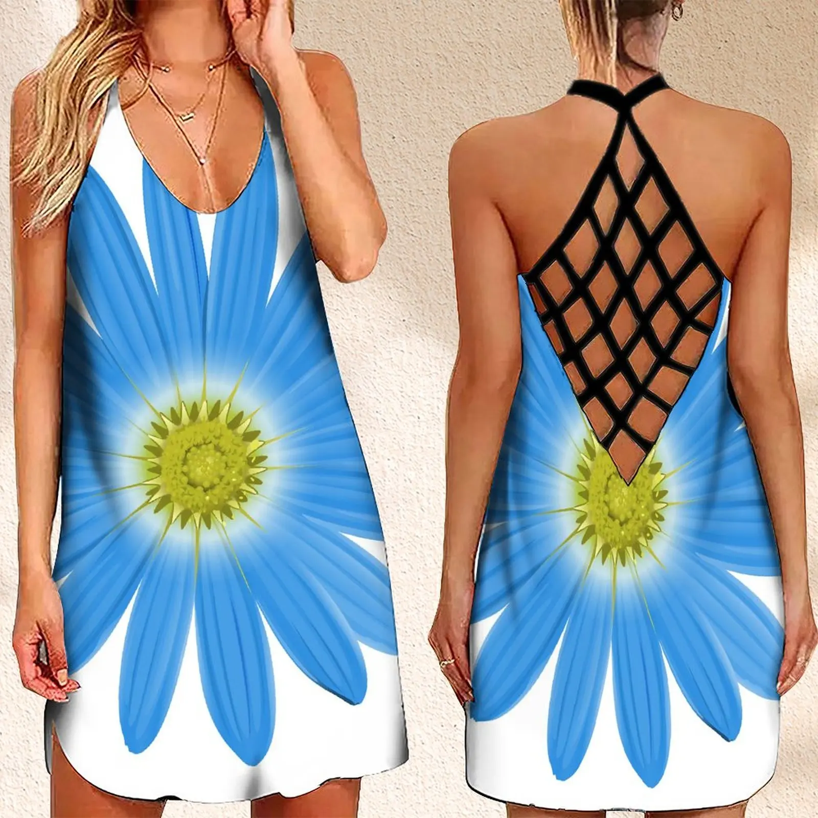 

New Women's Criss Cross Backless Sleeveless Dress SummerSunflower Print Y2k Clothes