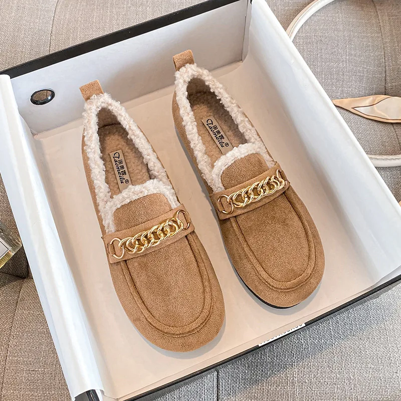 

Women Winter Outdoor Cotton Shoes Plush Bucken Shoes New Vintage English Style Loafers Slip-on Plush Large Size Shoes for Women