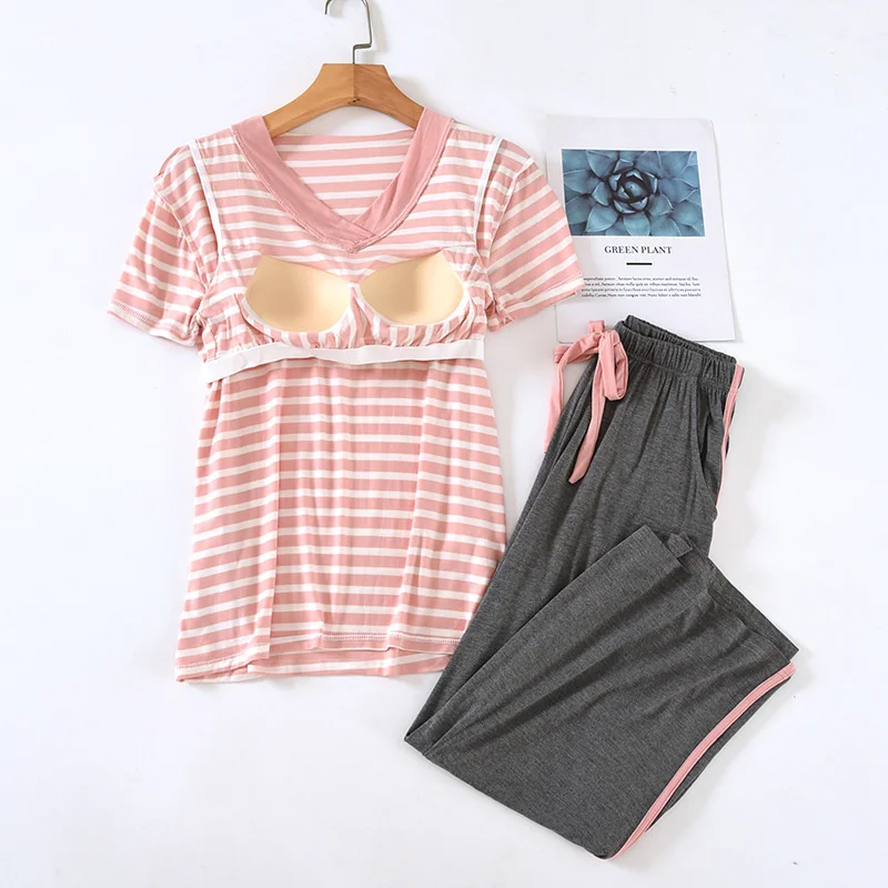 

Bra Pajamas Set Short Sleeve T-shirt Pants 2Piece/Set Summer Sexy Stripe Pyjama Plus Size Sweet Homewear Calf-Length Sleepants