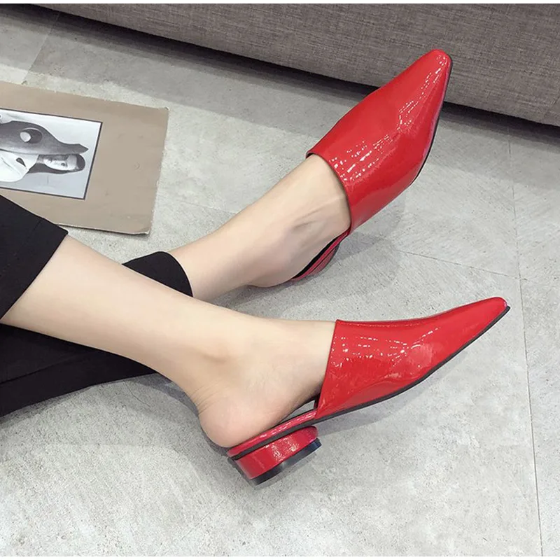 

Mules Women Pointed Toe Patent Leather Slippers Ladies Slip on Spike Low Heels Slides Comfortable Female Baotou Casual Shoes New