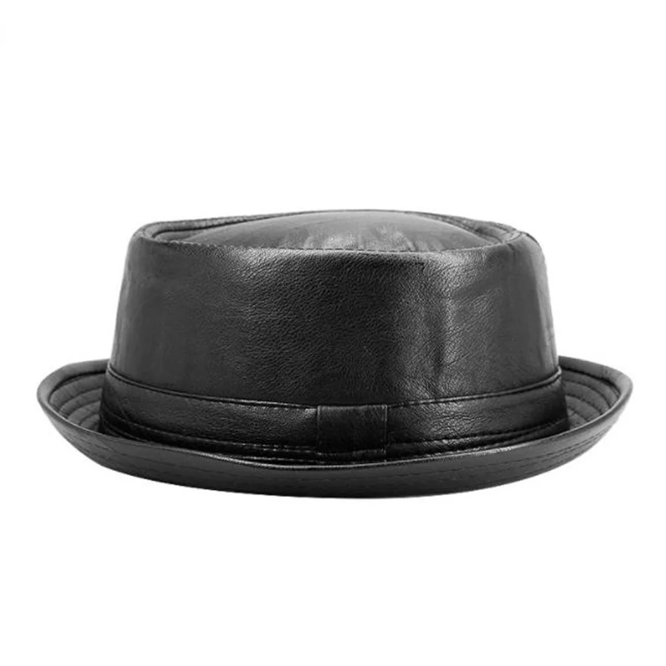 

New Fasion Men Black Leater Trilby at Male Fedora Cap Retro Women Autumn Brand Porkpie Caps Men's Vintae Jazz ats