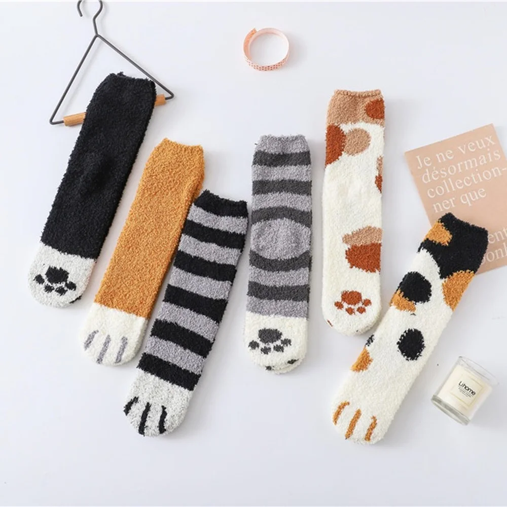 6 Pairs New Home Coral Fleece Socks Footprint Cat Paw Leopard Stripe Sleepping Socks Thickened Warm Winter Fleece Women Socks