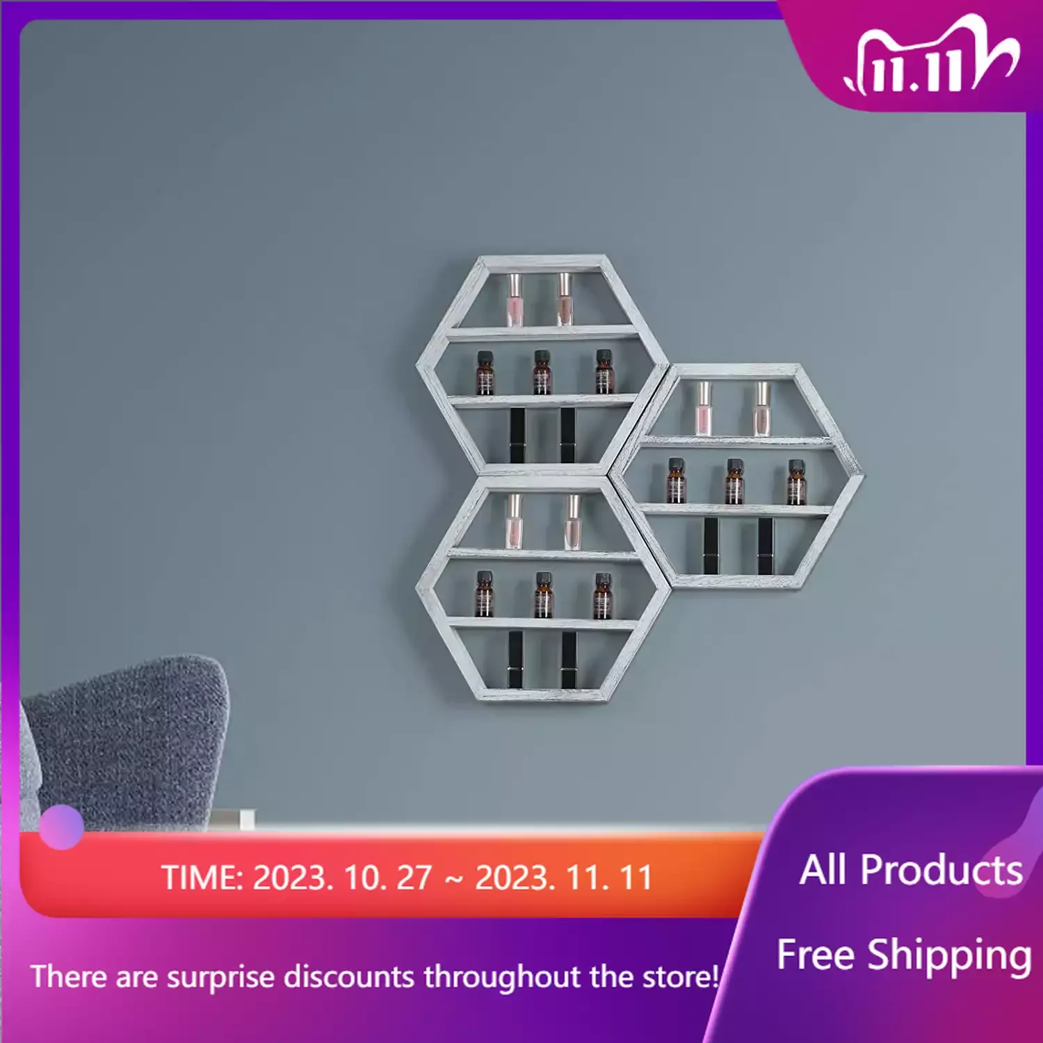 

Essential Storage Shelf Nail Polish Organizer, Set of 3 Hexagon Floating Shelves Wall Mounted Shelves, Cosmetic Display Cases