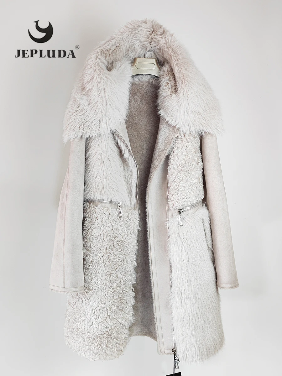 

JEPLUDA Высококачественная куртка женская зимняя из смеси шерсти,90 сантиметров длины с капюшоном на молнии,толстое теплое модное меховое пальто женское, новая стильная комбинированная тёплая шуба зимняя женская,9266