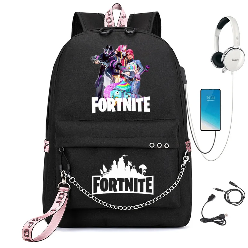 Фото Стильный корейский рюкзак Fortnite с принтом, тканевый, с металлической цепочкой, встроенным USB-портом, водонепроницаемый, легкий, для путешествий и хранения вещей №4