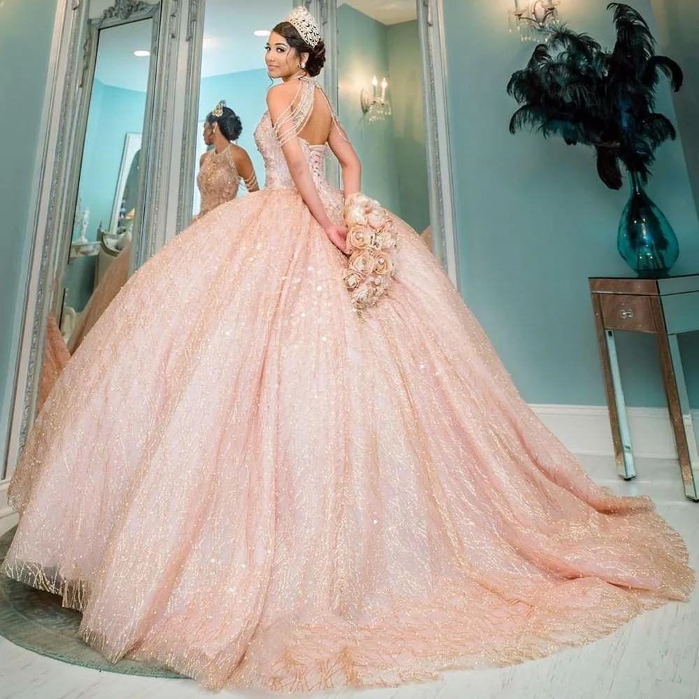 

Sexy Bling Rose Gold Pink Sequined Lace Quinceanera Dresses High Neck Crystal Beading Off Shoulder Ball Gown Vestidos De