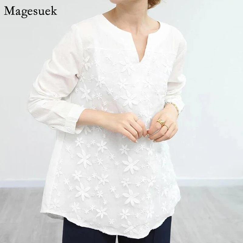 

Vintage Lace Embroidered Women Blouse Loose Long Sleeve Woman Shirts Office Lady Tops Faahion Elegant White Shirt Women 20450