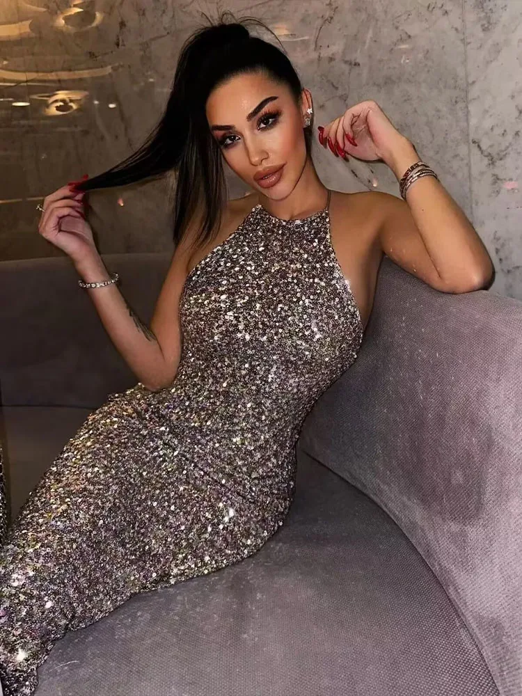 

Zach AiIsa High Quality Summer New Women's Temperament Sexy Backless Sequin Knit Halter Neck Camisole Slim Holiday Long Dress