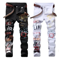 2022 100 cotton fashion mens jeans nightclub black white personal designer print jeans mens punk pants skinny hip hop jeans