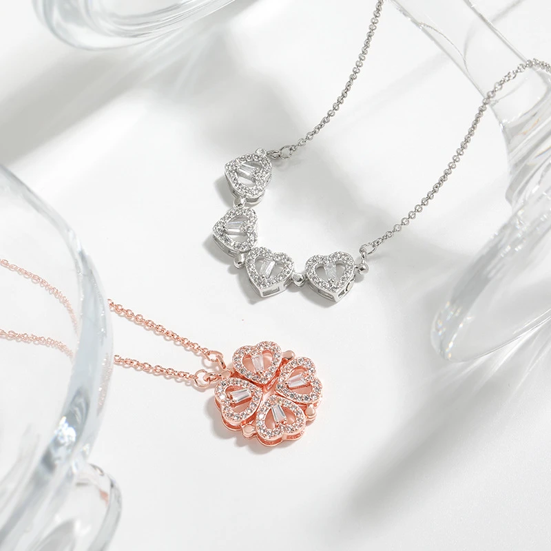 

Two-wear Love Flower Pendant Necklace with connected heart and Design sense in duplicate Heart-shaped four-leaf women necklaces