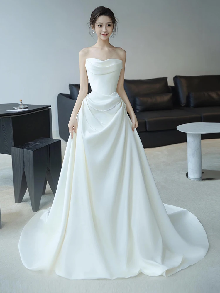 French sle Tube Top Light Wedding Dress Satin High-Grade Bridal Mori look Outdoor Yarn Simple Small Tail Temperament White ...