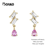 boako s925 sterling silver pink white gemstone step piercing stud earrings for women girls fashion jewelry gifts bijoux brincos