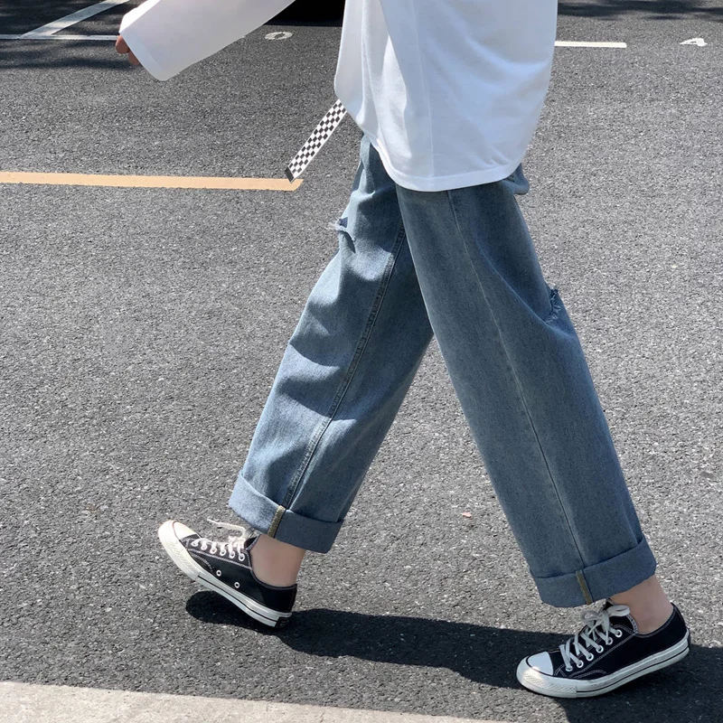 Ripped Jeans Men's Spring Ins Tide Brand Loose High Street Beggar Wide-leg Trousers Spring and Autumn All-match Straight Pants