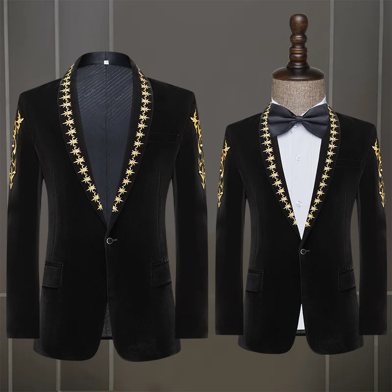 

Fashion Slim Fit Performance Suit Men's Singer Stage Wedding Party Host Dress Flat Black Blazer Coat 1 Pcs In Stock