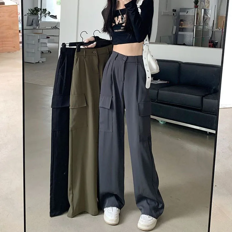 

Vintage Women Harajuku Cargo Pants Fashion Loose Pockets Casual Wide Leg Pants Female Streetwear Straight Trousers