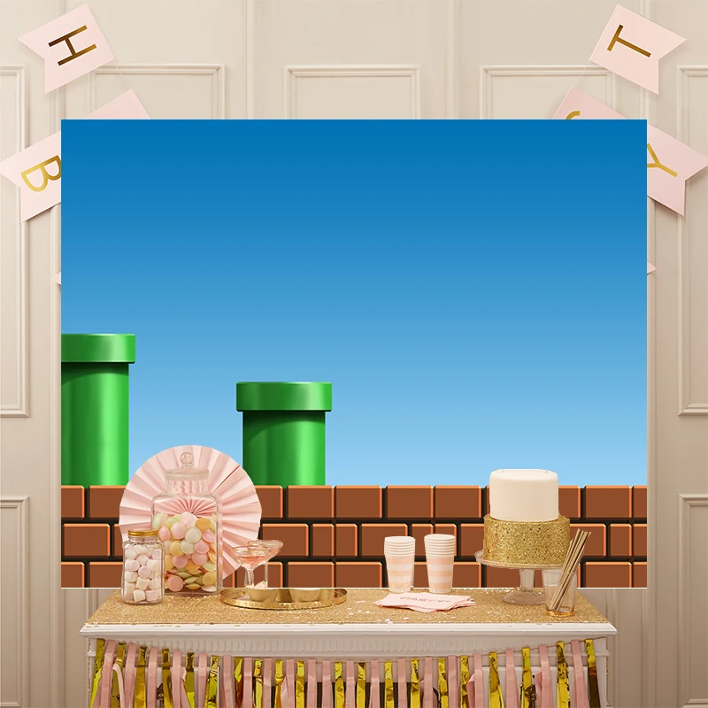 

Super Bros Party Backdrops Boys Children's Birthday Party Photography Background Cloth Wall Game Decoration Theme Supplies