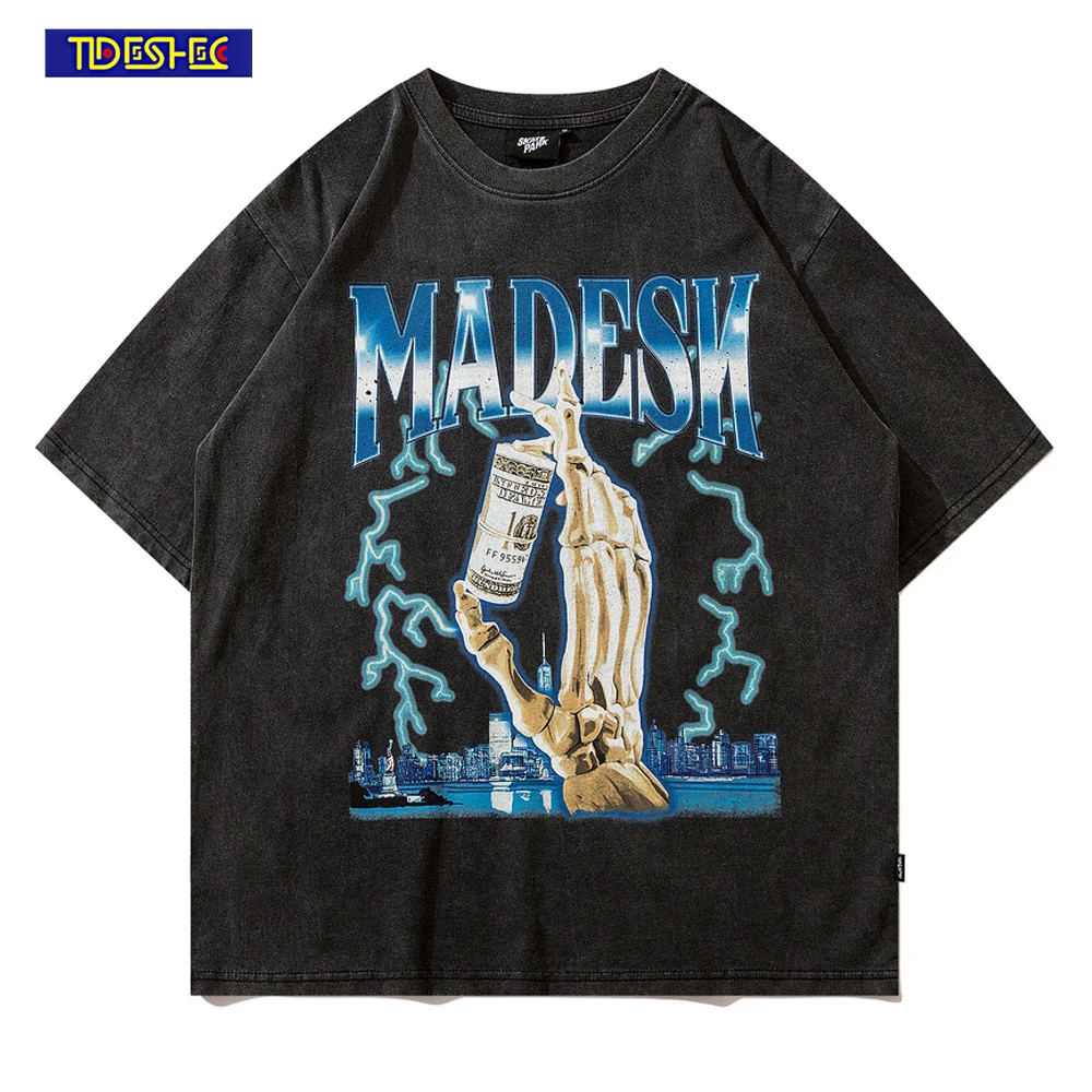 

TIDESHEC Streetwear T-Shirt Men Hip Hop Oversized Funny Dollar Graphic 2022 Harajuku Tshirt Cotton Tops Washed Black T Shirt