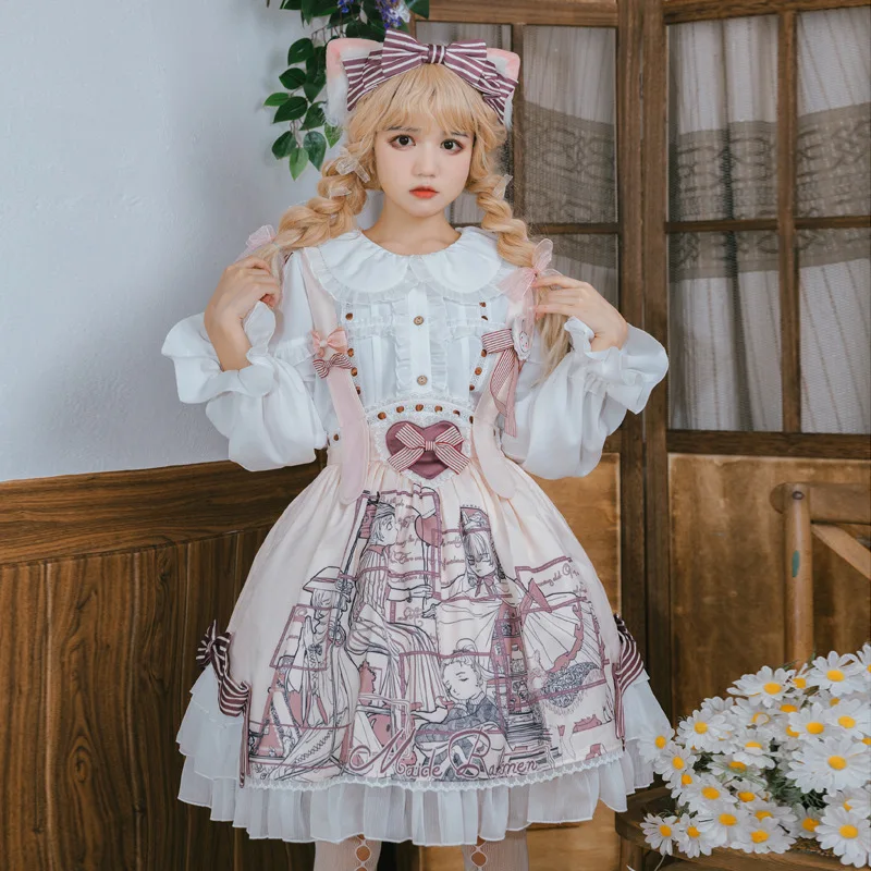 

[Otome] Spring Autumn Lolita Sk Dress Sweet Striped Bowknots Dress Harajuku High Waist Skirt Shirt Girl Party Clothing