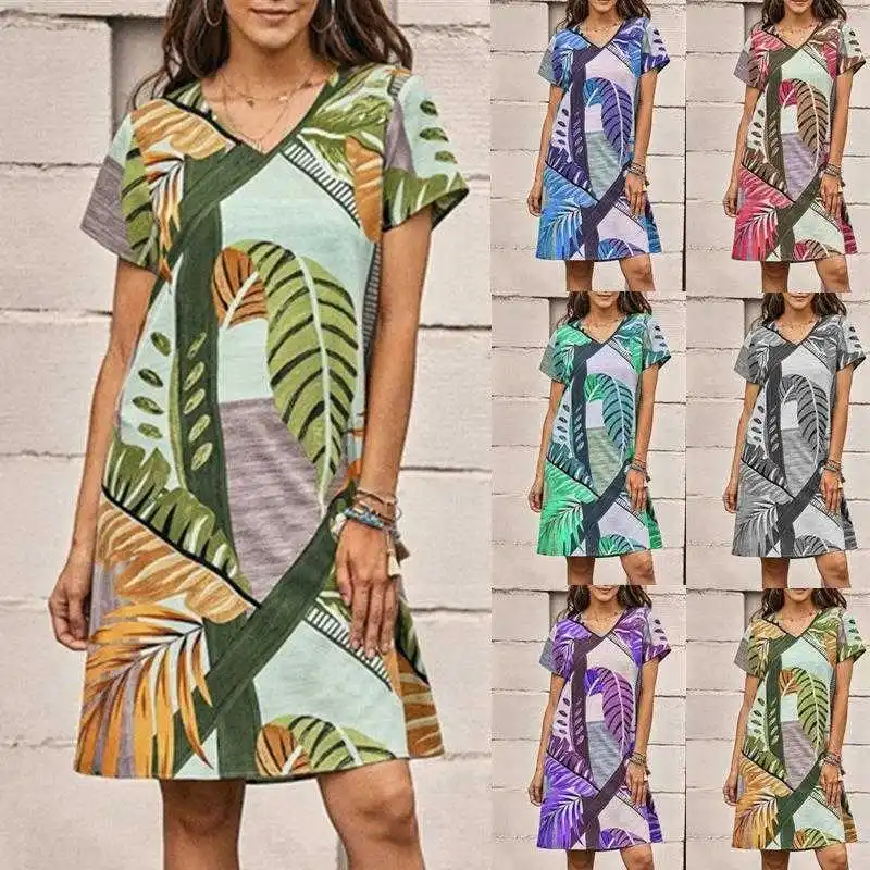 

Womens Printed Casual Short Dresses Sleeved V Neck Summer Sleeve Dress