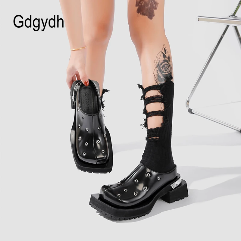 

Gdgydh Fashion Rivet Women's Stylish Platform Chunky Heel Mules Slip On Anti-skid Low Heels Casual Slide Sandals Goth Shoes