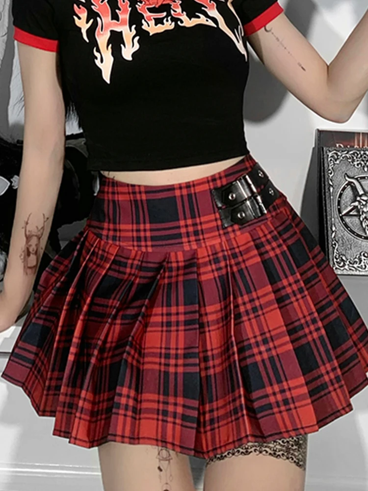 

Harajuku Punk Pleated Plaid Mini Skirt Vintage Red JK Skater High Waist Sexy Goth Y2K Belt A Line Summer Women Skirts Streetwear