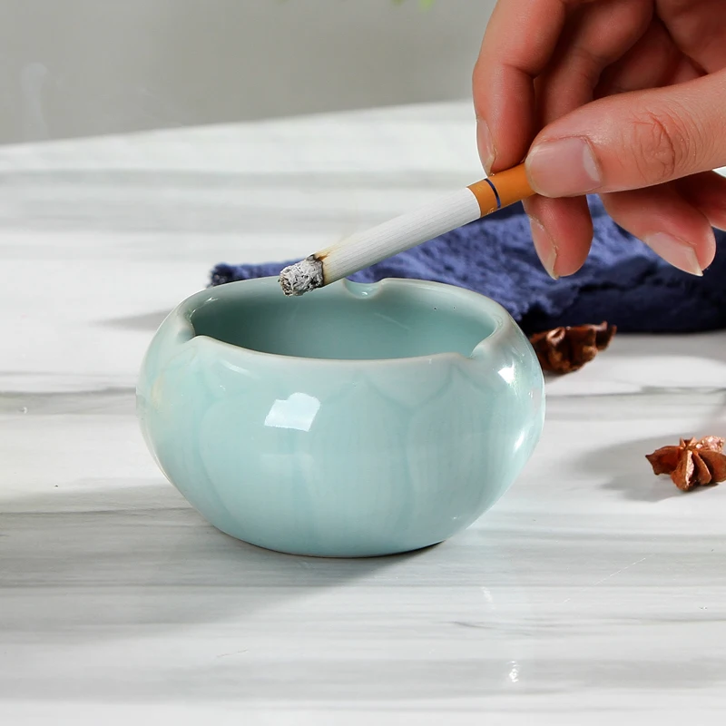 

Ceramic Ashtray for Indoor or Outdoor Use Ash Tray Holder for Smokers House Carved Lotus Decorations Porcelain Chinese Celadons