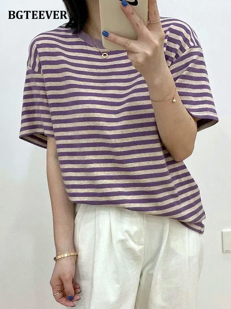 

BGTEEVER Casual O-neck Women Striped T-shirts 2022 Spring Summer Short Sleeve Loose Female Tops Ladies Cotton Tees 2022