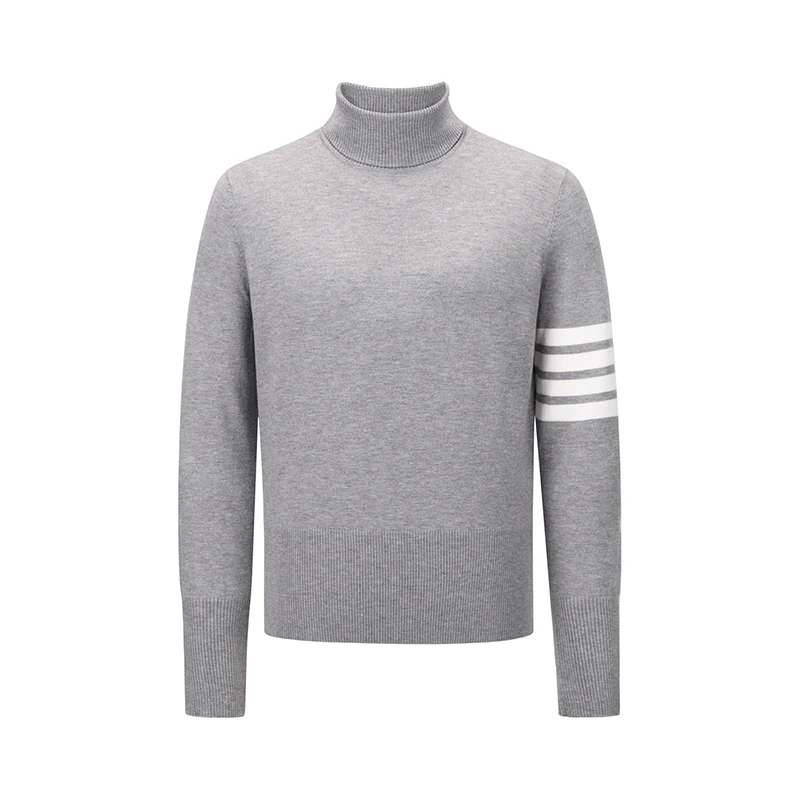 

TB THOM Sweater Male Autumn Luxury Brand Clothing White Stripes Light Gray Turtleneck Pullovers Blouse Harajuku Casual Sweater