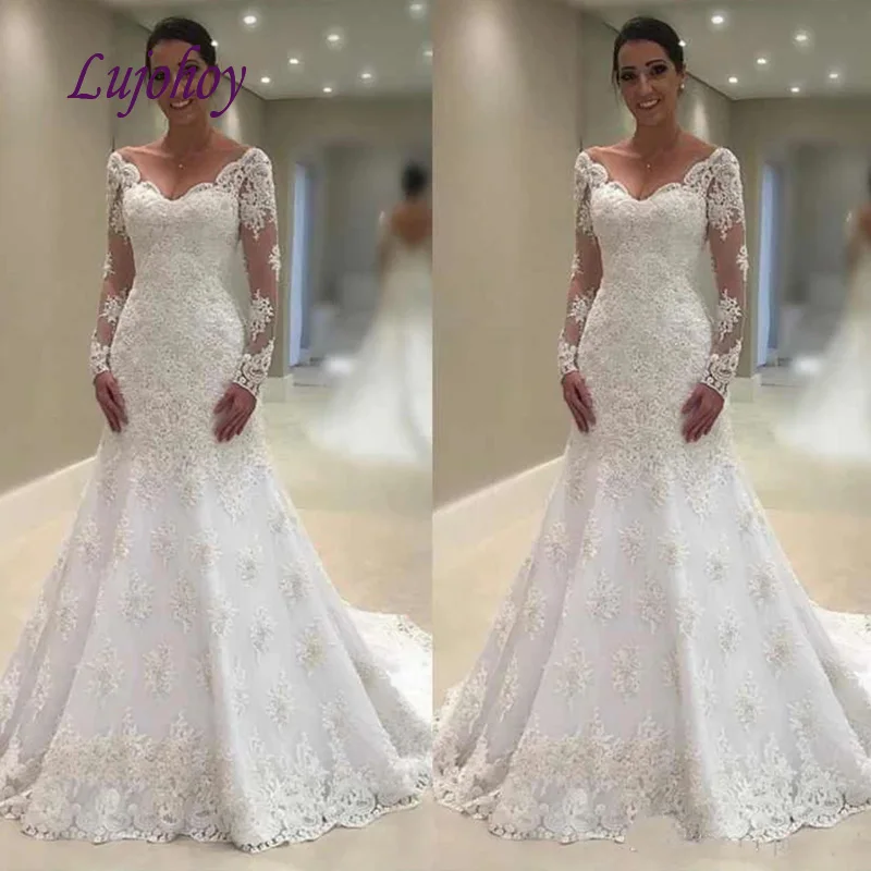 

Elegant Long Sleeve Lace Wedding Dresses Mermaid Plus Size Tulle White Ivory Women Girl African Weeding Bridal Bride Gowns