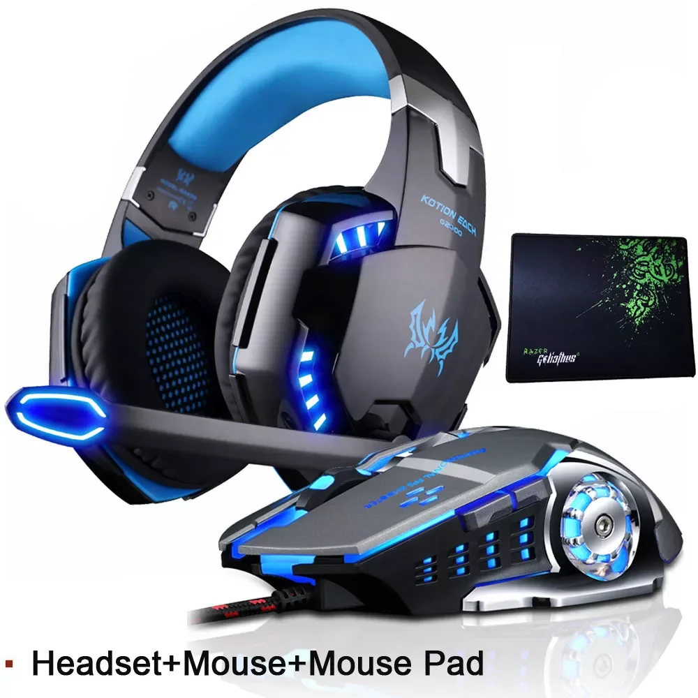

G2000 Gaming Headset Deep Bass Stereo Game Headphone with Microphone LED Light for PC Laptop PS4+Gaming Mouse+Mice Pad
