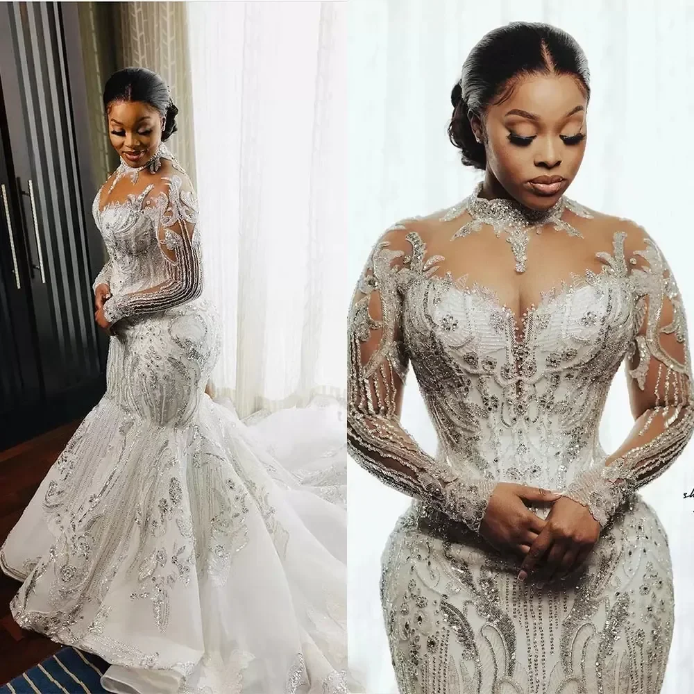 

High Neck Bridal Gowns Crystal Bride robes Plus Size Vintage Saudi Arabia Mermaid Long Sleeve Custom Made Wedding Dresses