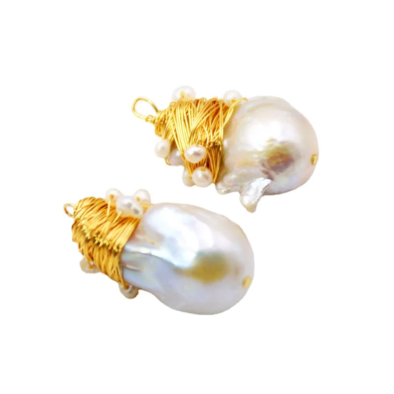 

Natural Pearl Freshwater Pearl Pendant Baroque Pearl Fireball Pearl Wire Wrapped 24k Gold Color Plated Jewelry