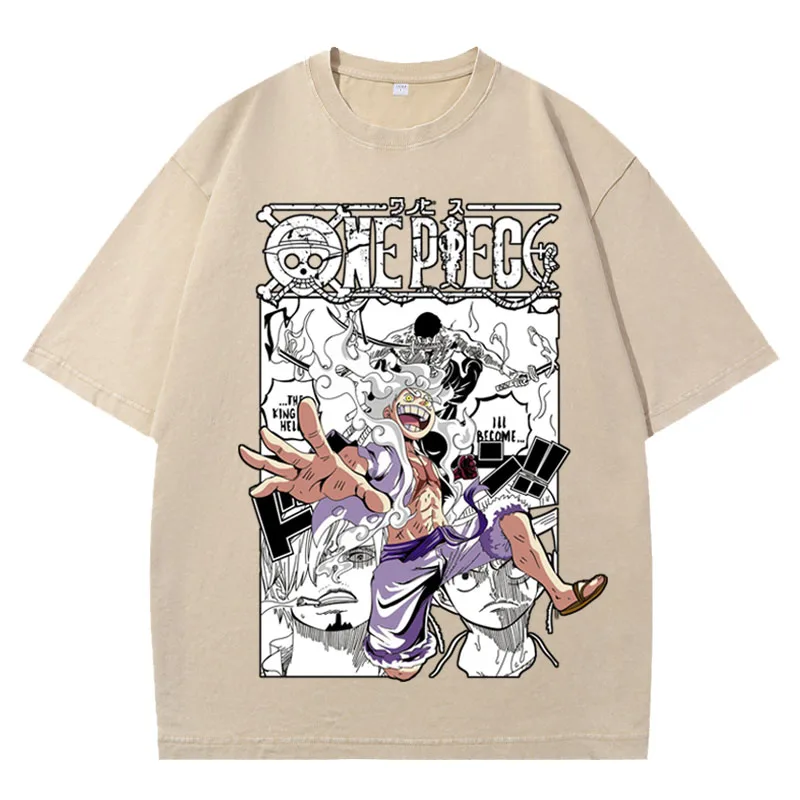 Фото Футболка унисекс 2026 One Piece Luffy Gear 5 с винтажным эффектом, принтом аниме и манги, оверсайз, с коротким рукавом, уличная повседневная одежда №3