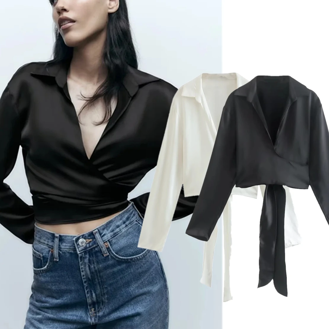 

Jenny&Dave 2022 Ins Fahsion Blogger High Street Satin Silk V-neck Wrap Shirt Short Sexy Blouse Women Tops