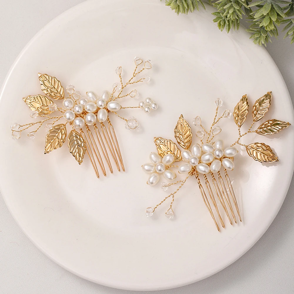 

2pcs Golden Hair Comb Tiaras For Women Pearl Alloy Insert Side Pin Leaf Hairpin Girls Wedding Headpiece Head Jewelry Party Gifts