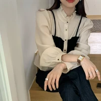 fake two pieces retro ladies elegant age reduction sling stand collar loose puff sleeve short shirt spring top ruffled blouse